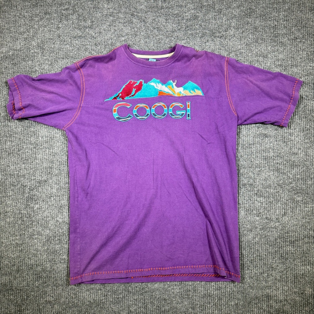 COOGI Mens XXL Purple Embroidered Mountain Deer Graphic T-Shirt Contrast Stitch